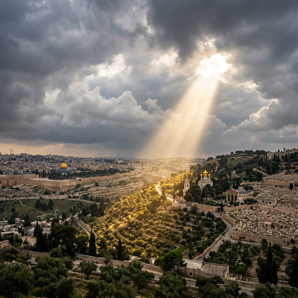 Sunlight beam illuminating part of Jerusalem city with ancient buildings and greenery under cloudy sky