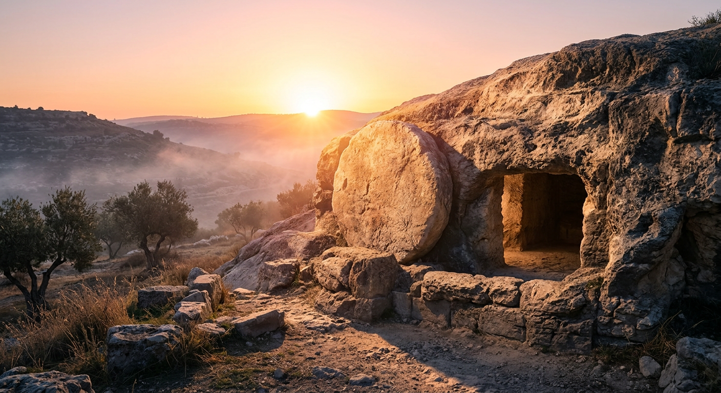 Tomb of Jesus; Ancient rock-cut tomb with large round stone door opened at sunrise