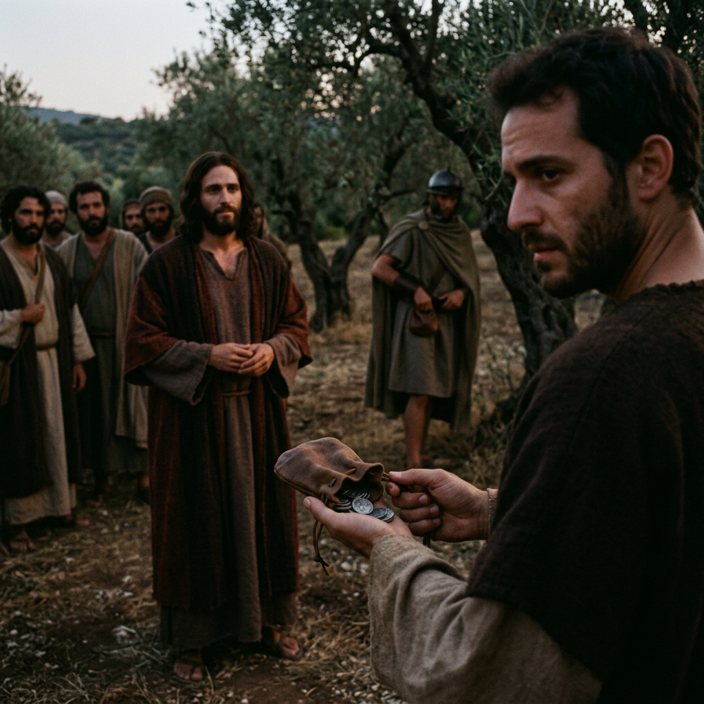 A man holding silver coins in a pouch faces Jesus and a group of men in an olive grove.