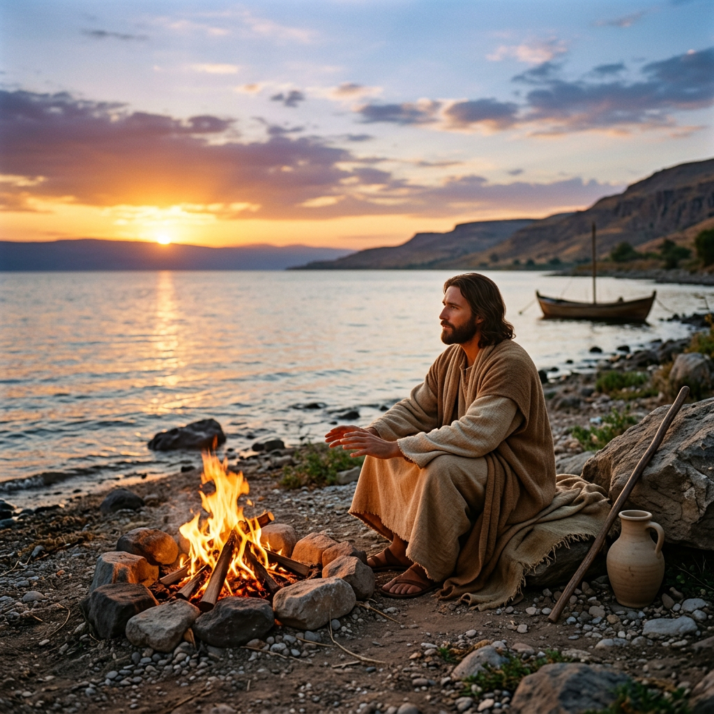 Man in robes sitting by a campfire on a rocky lakeshore with a boat and sunset in the background
