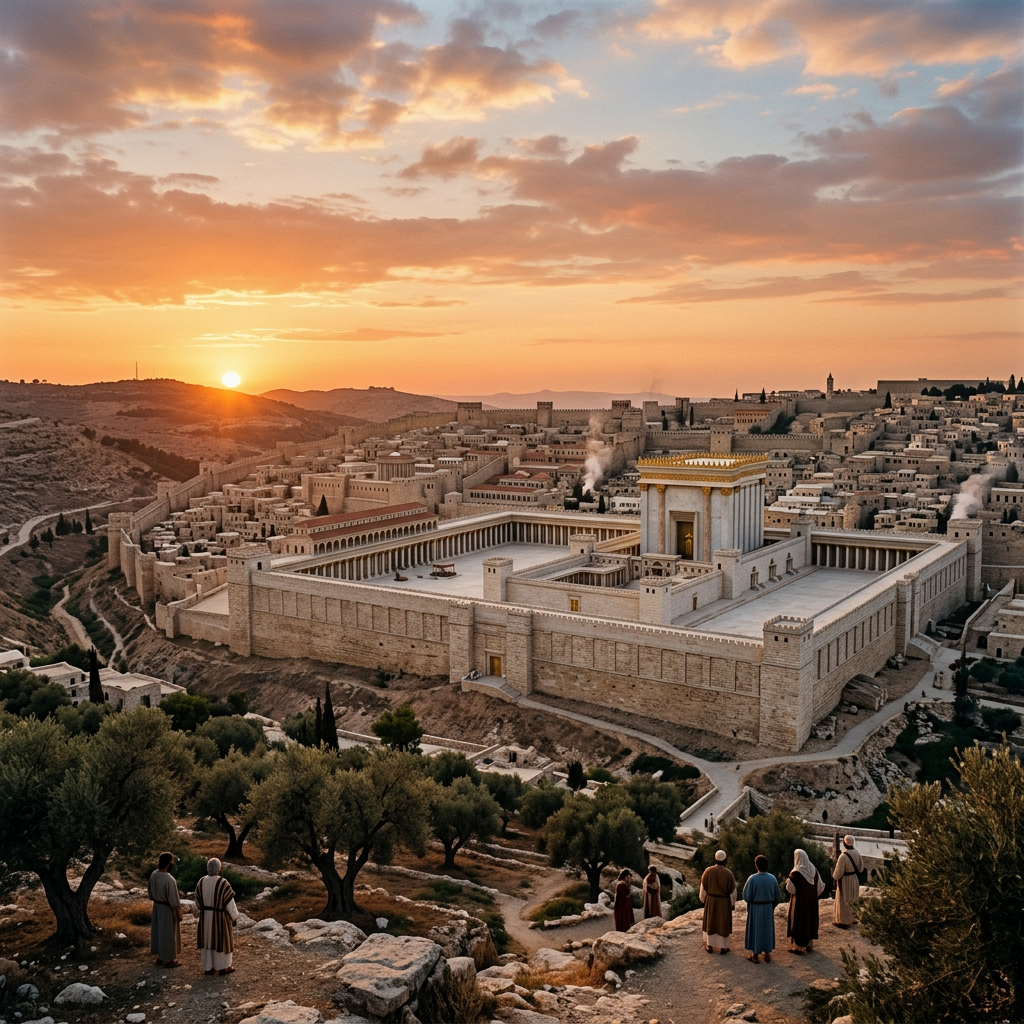 Reconstruction of ancient Herod's temple and surrounding city with people observing