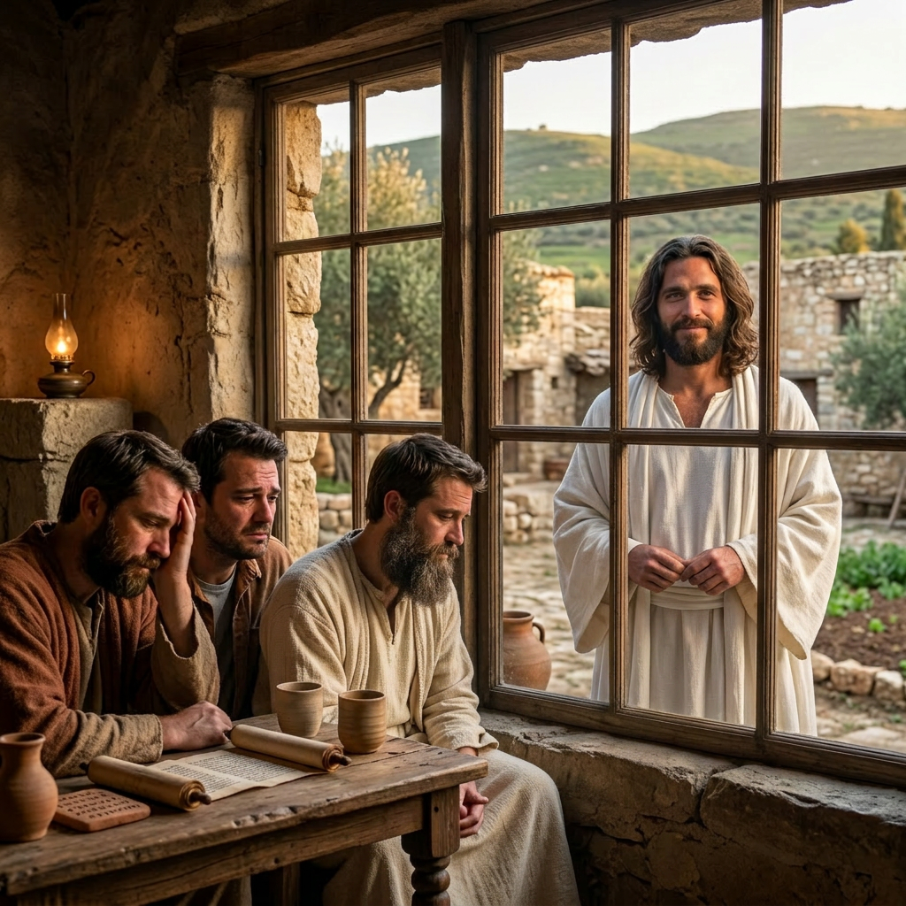 Three men sitting at a table inside looking distressed while Jesus in robes stands outside a window, smiling.