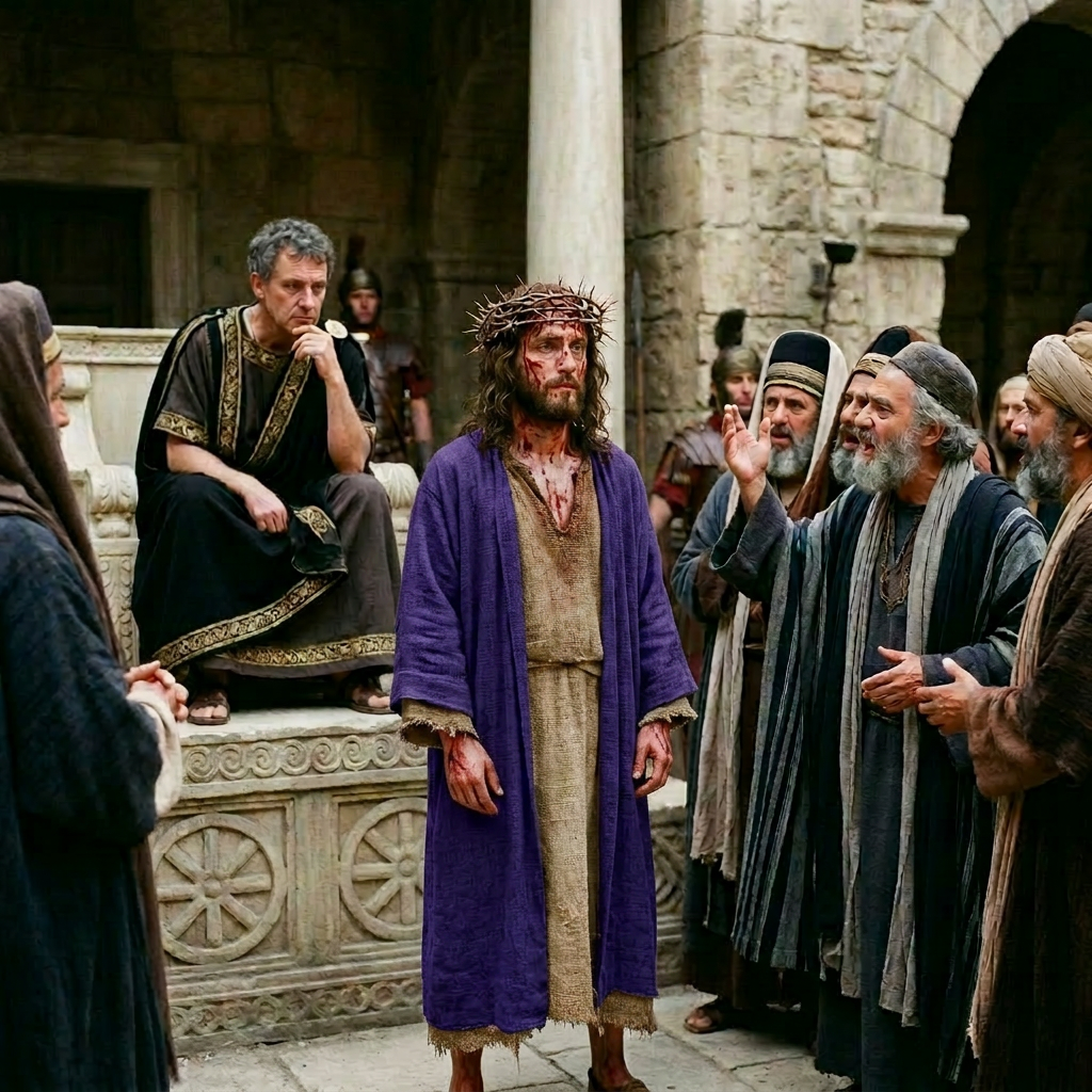 Man in simple robes facing an authoritative figure seated on a stone throne with surrounding onlookers in traditional ancient attire