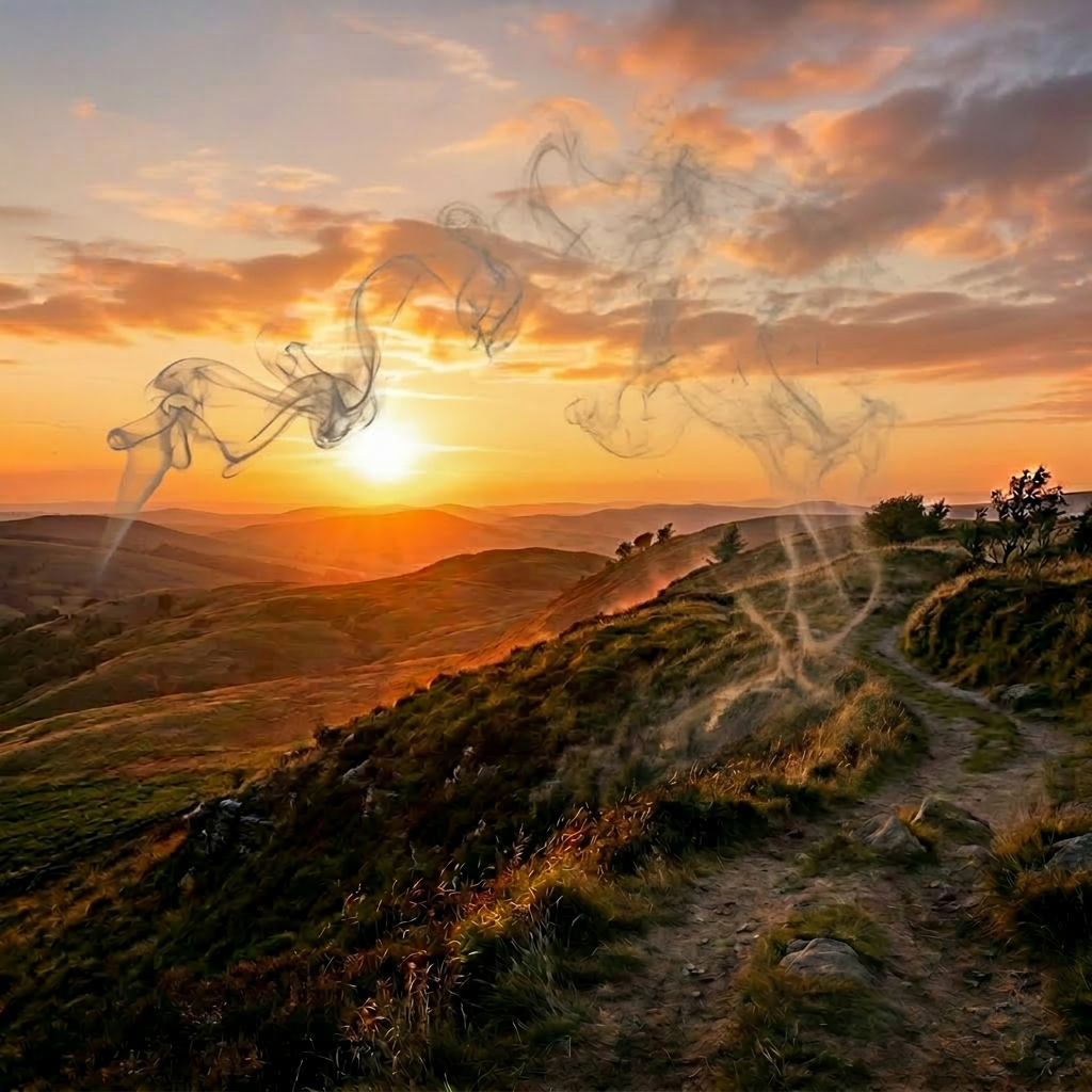Dust whirlwind swirling over grassy hill during sunset with orange sky