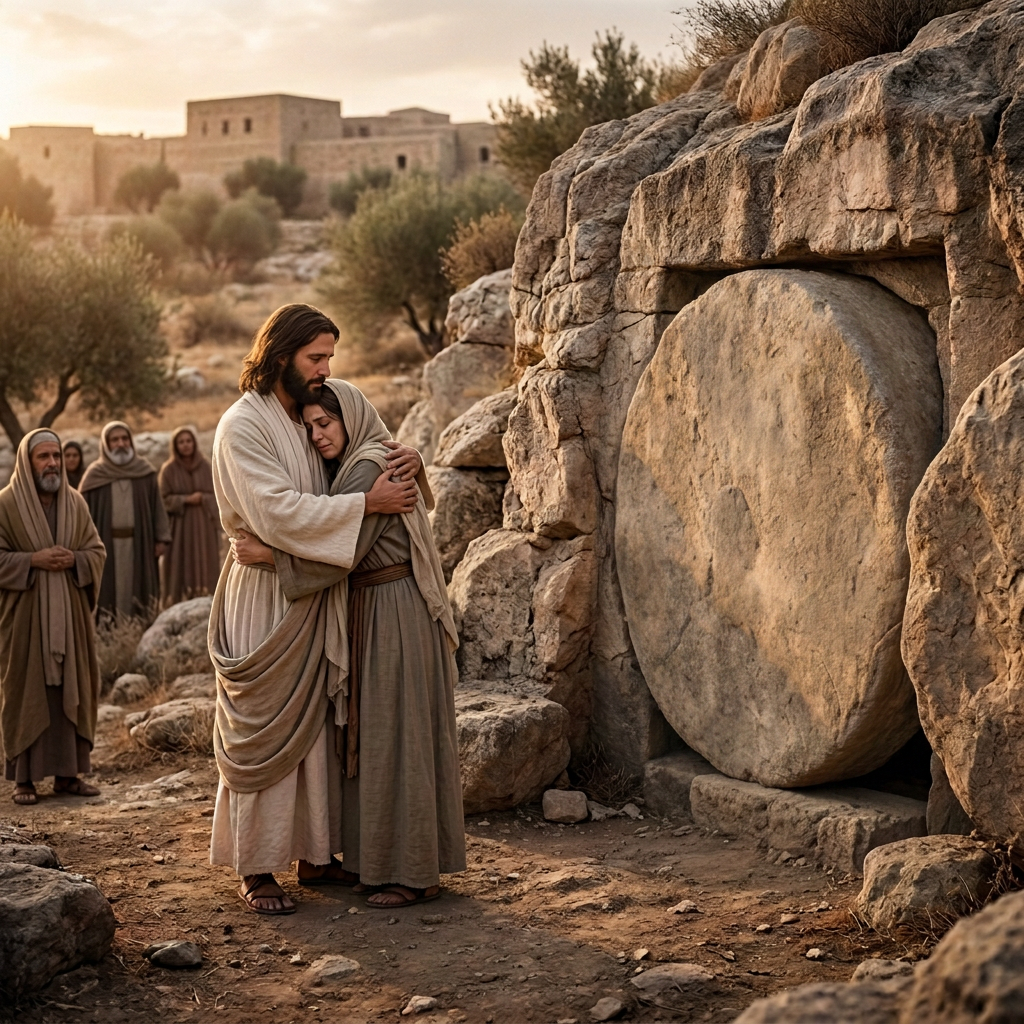 Jesus raises his hands toward a Lazarus emerging from a rock tomb.