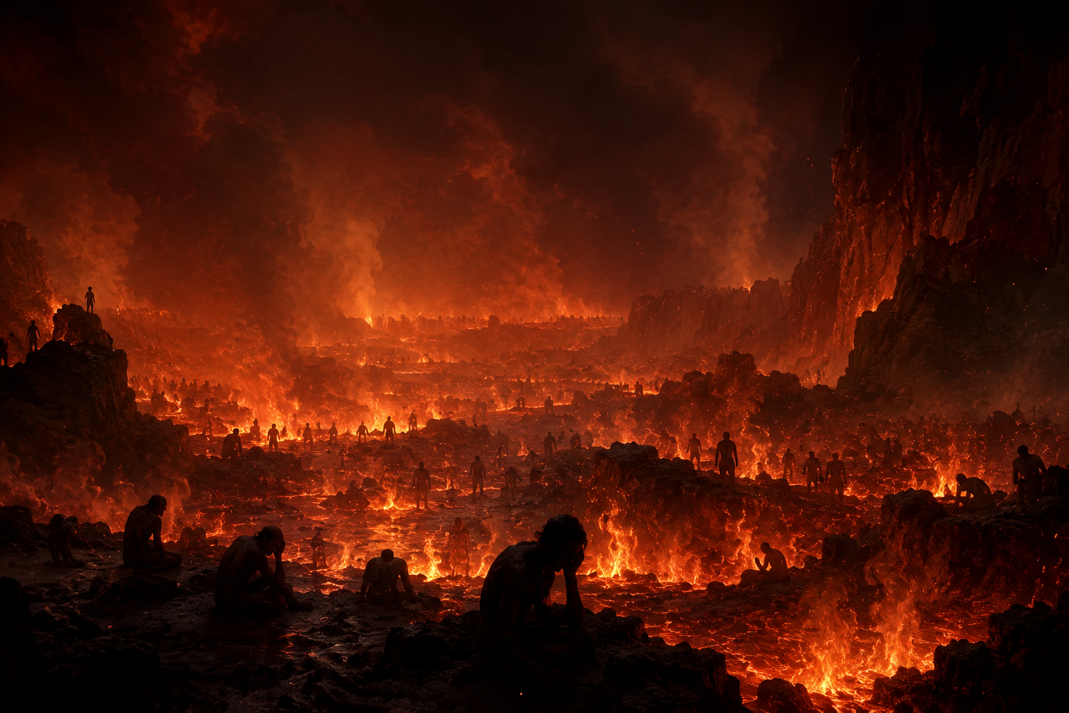 Biblical depiction of hell with flames, molten lava, smoke, and silhouettes of people in anguish