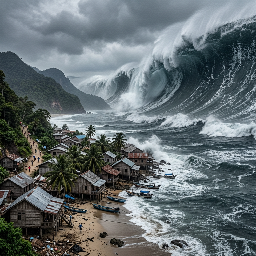 Coastal village with boats facing enormous waves beneath storm clouds